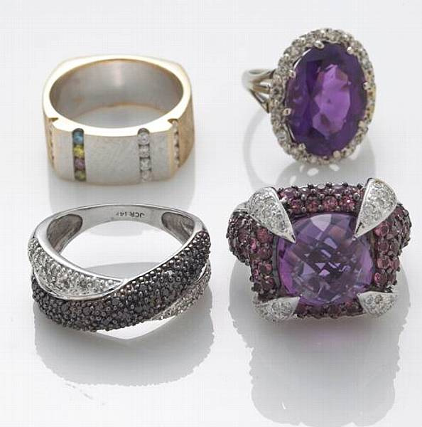 Appraisal: A collection of four gem-set diamond black diamond sapphire amethyst