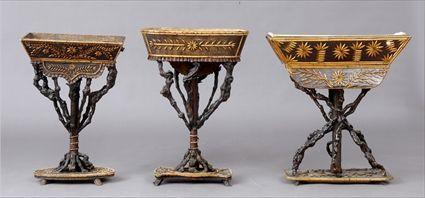 Appraisal: THREE TWIGWORK JARDINIERE STANDS Two rectangular and one oval the