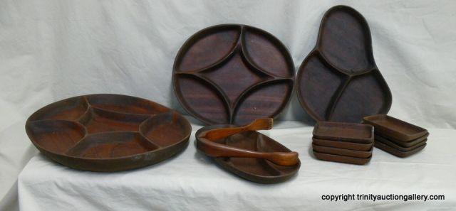 Appraisal: Teak Wood Serving Platters Trays includes serving tongs and individual