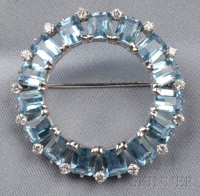 Appraisal: Aquamarine and Diamond Circle Pin c s set with fifteen