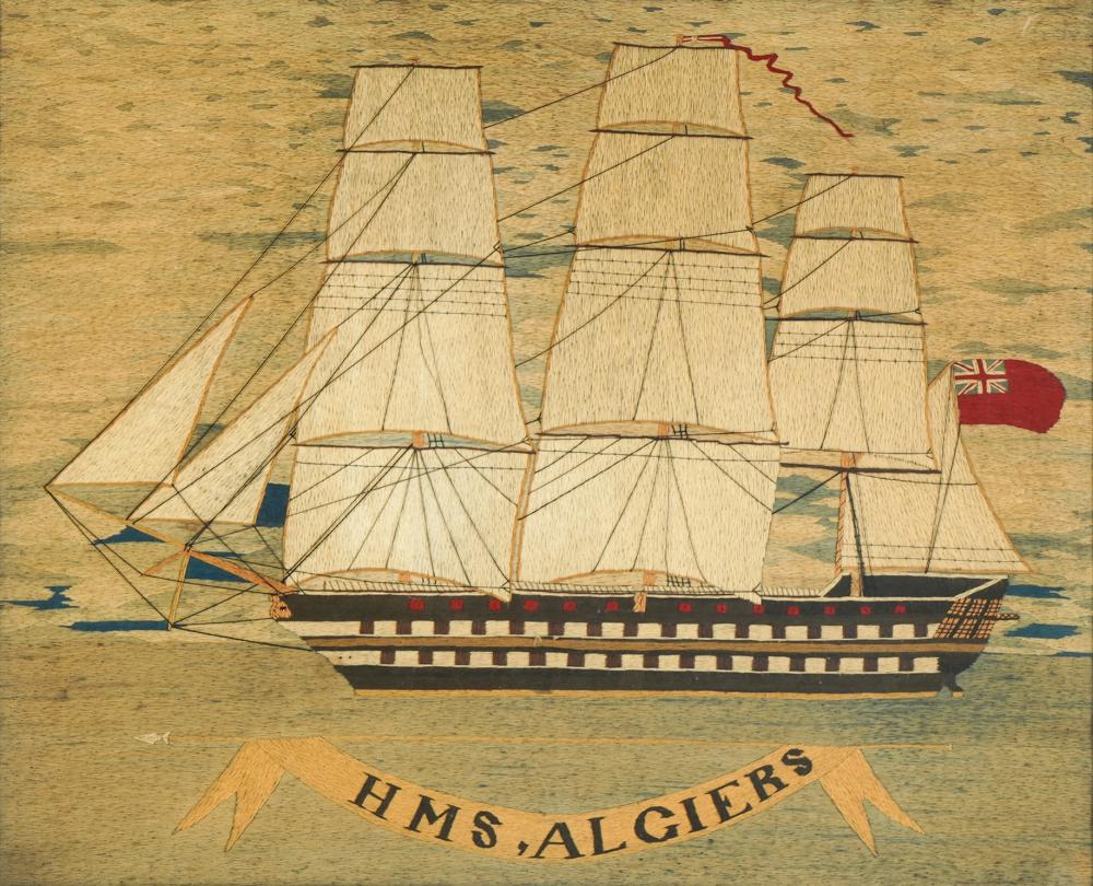 Appraisal: ENGLISH SAILOR'S WOOLWORK PICTURE OR WOOLIE HMS Algiers framed under