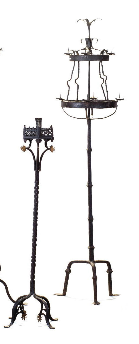 Appraisal: SPANISH MEDIEVAL WROUGHT-IRON EIGHT-LIGHT TWO-TIER TORCHERE RAISED ON A TRIPOD