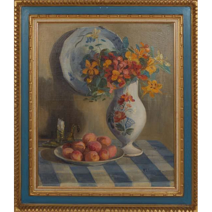 Appraisal: H L Lusseau French Floral Still Life with Apricots oil