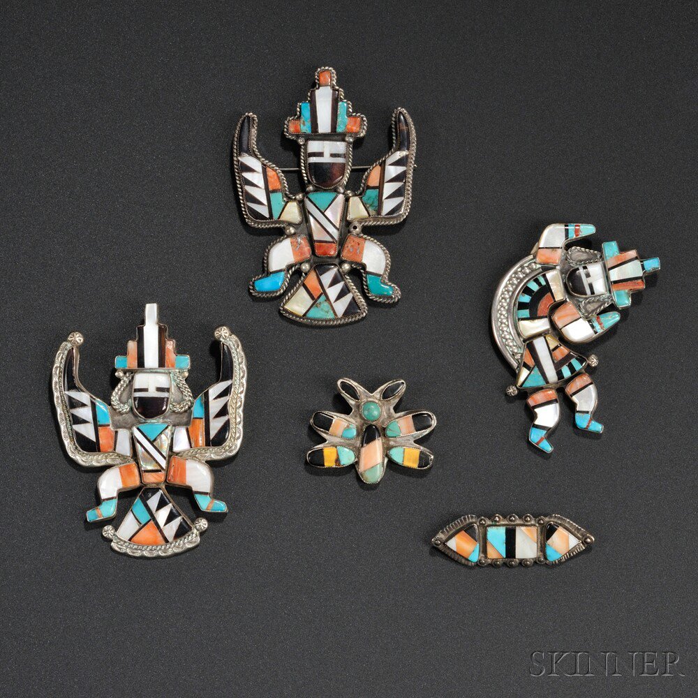 Appraisal: Five Zuni Inlaid Pins a pair of knifewing man pins