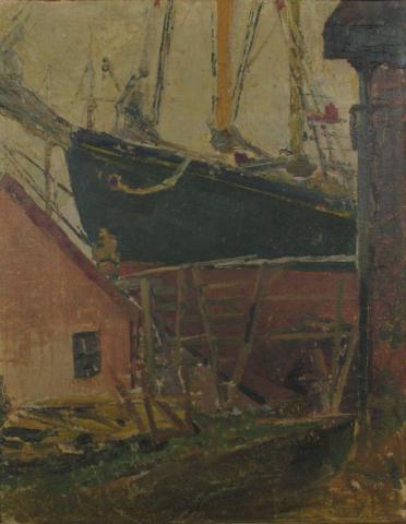 Appraisal: Unsigned x oil on board depicting boats at dry dock