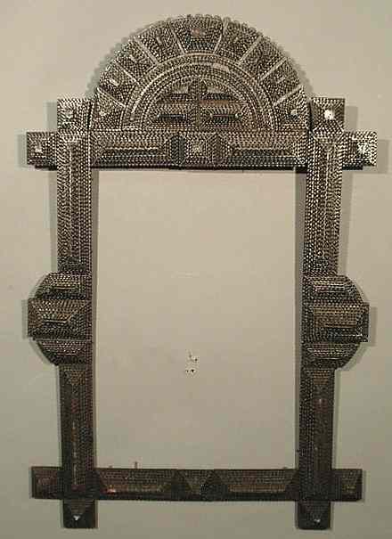 Appraisal: Tramp Art chip-carved wood frame with arched top x