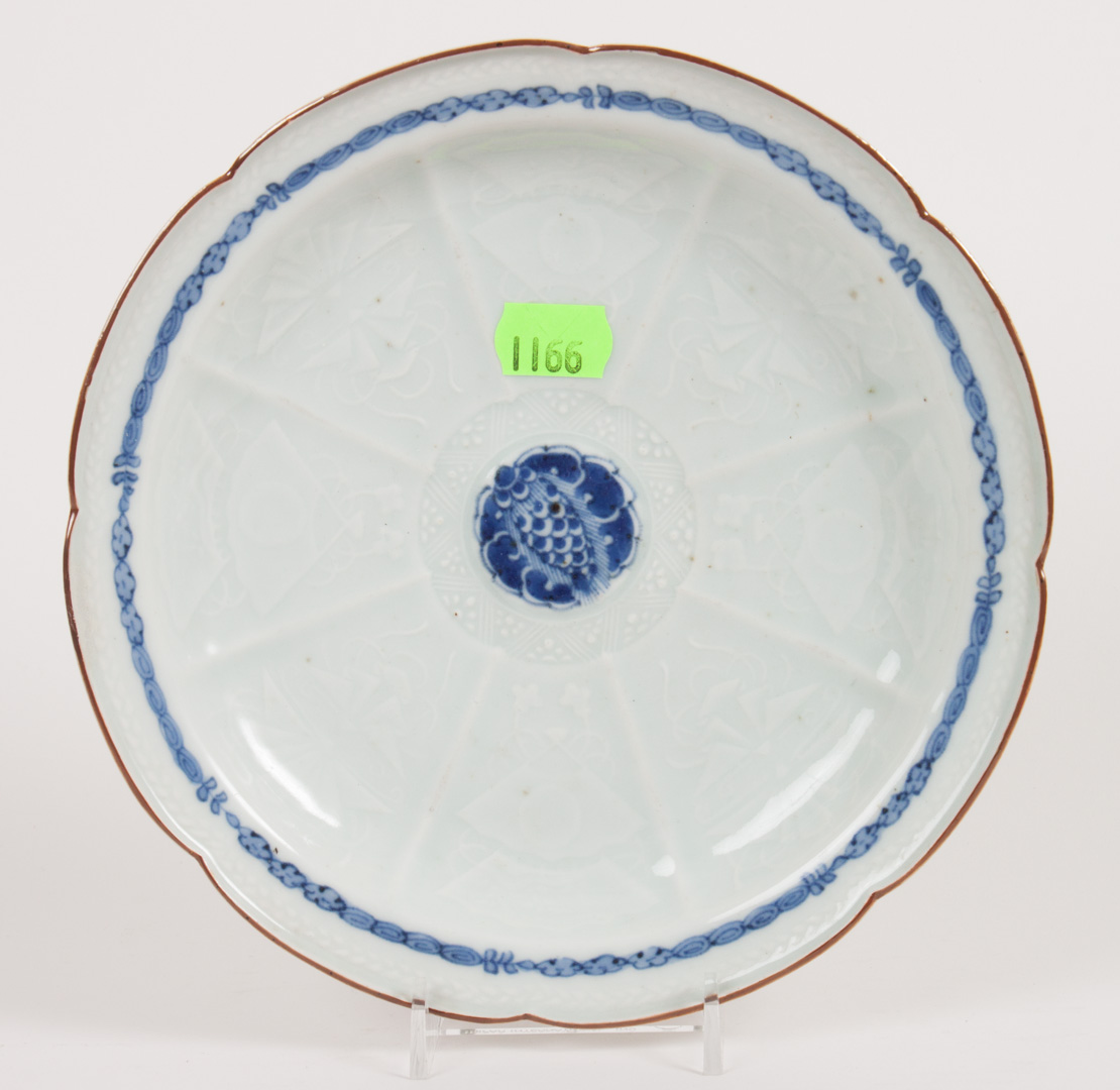 Appraisal: Chinese celadon blue and white porcelain dish with sacred object