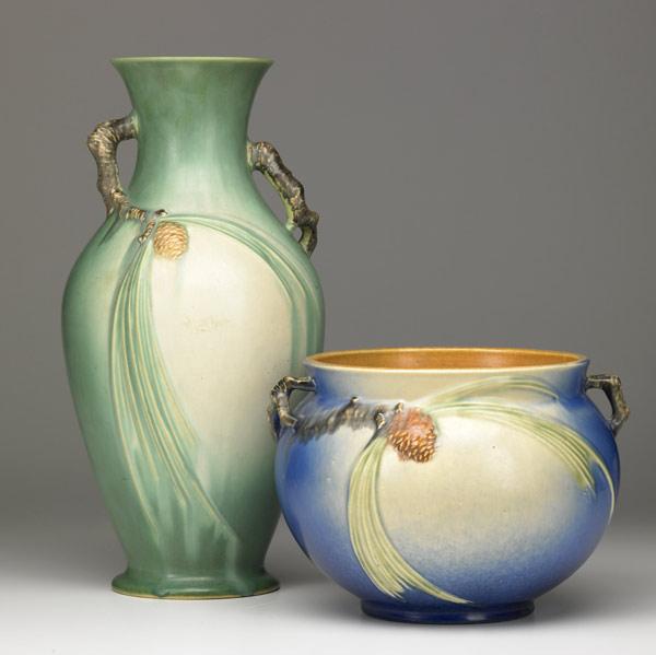 Appraisal: ROSEVILLE Two Pinecone vessels blue jardiniere - and green vase