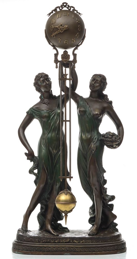 Appraisal: A REPRODUCTION MYSTERY CLOCK WITH TWO FEMALE FIGURES The patinated