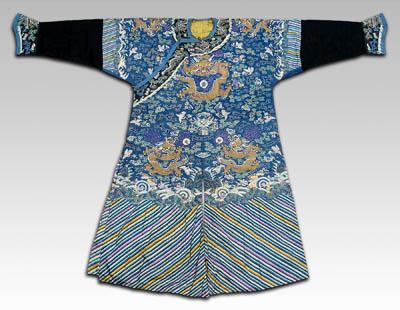 Appraisal: Chinese blue silk dragon robe nine dragons in openweave metallic