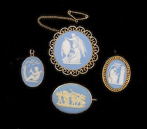 Appraisal: Four Light Blue Jasper Wedgwood Pendants Lockets ca late 's