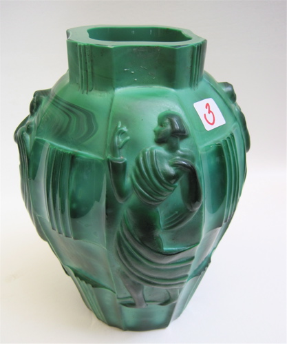 Appraisal: CZECH ART DECO MALACHITE GLASS VASE c s with scenes