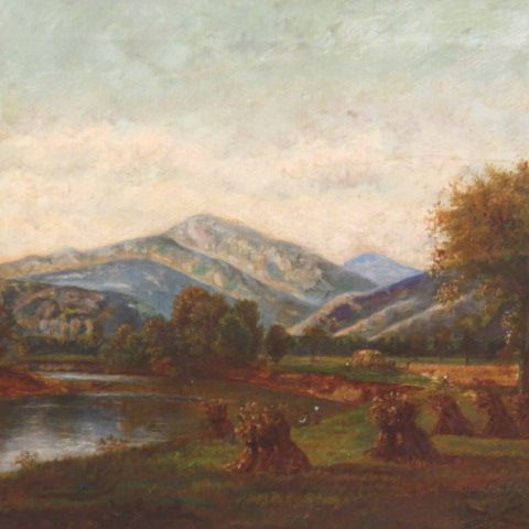 Appraisal: th Century Landscape oil on Canvas stream mountain image area