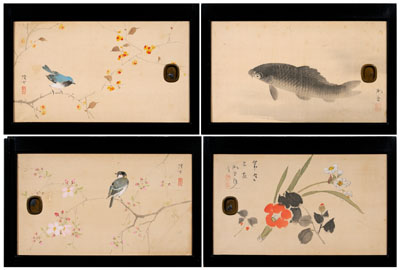 Appraisal: Four Japanese cabinet doors finely executed paintings on silk of