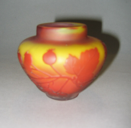 Appraisal: GALLE FRANCE Carved overlay cabinet vase with red vines and