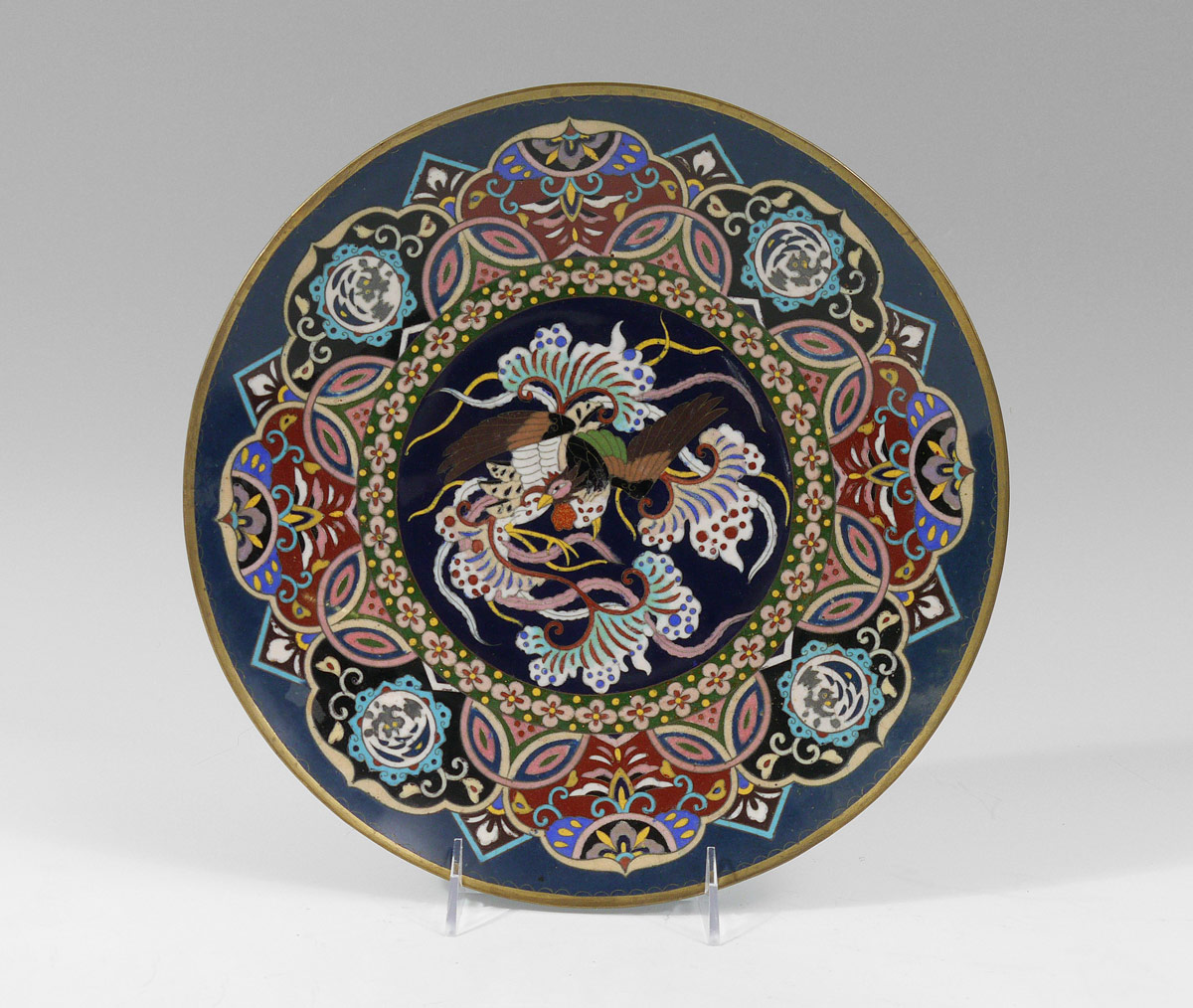 Appraisal: ROOSTER DESIGN CLOISONNE CHARGER Central medallion featuring rooster geometric design