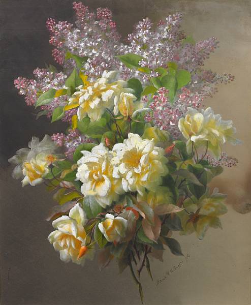 Appraisal: Raoul M de Longpre - Lilacs and yellow roses signed