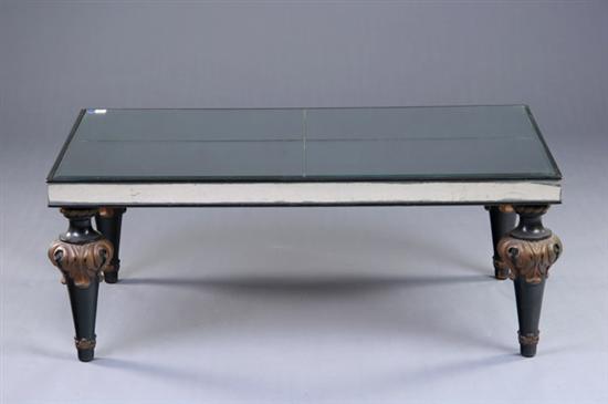 Appraisal: NEOCLASSICAL-INSPIRED COCKTAIL TABLE th century paint and parcel gilt Rectangular