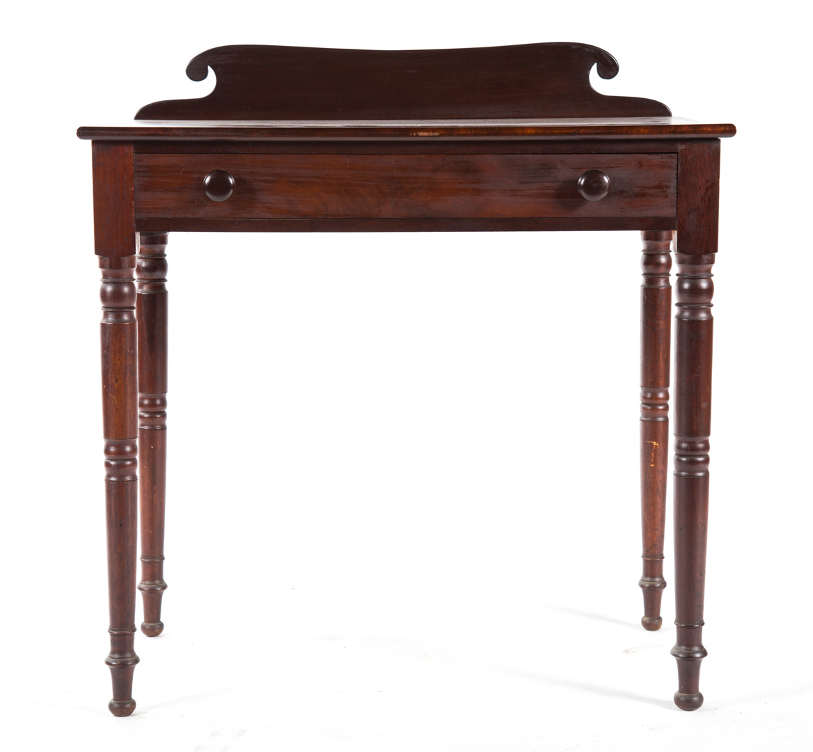 Appraisal: Late Federal mahogany single-drawer stand circa raised gallery with scrolled