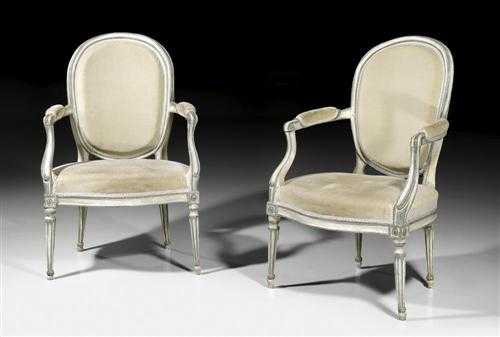 Appraisal: PAIR OF PAINTED FAUTEUILS EN CABRIOLET Louis XVI France circa