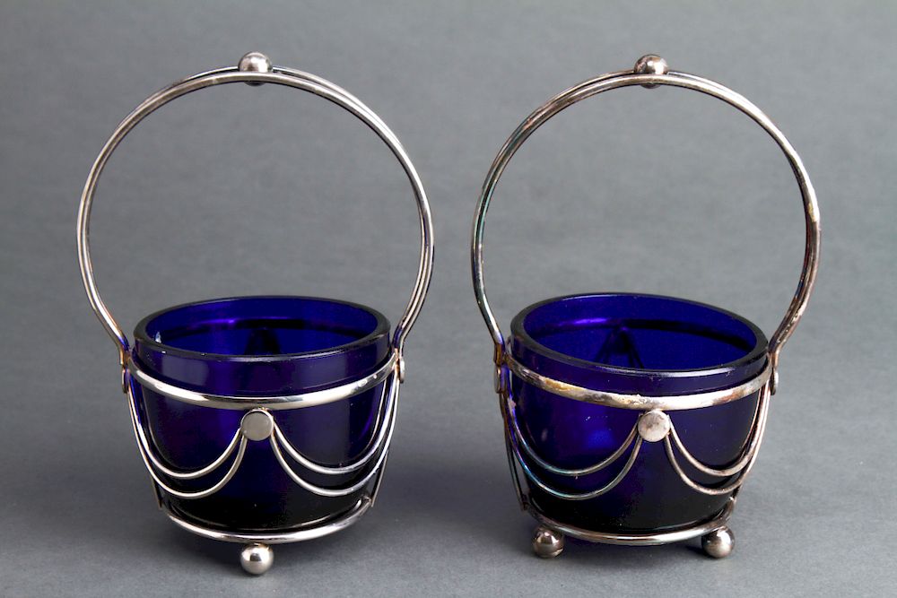 Appraisal: English Silver-Plate Cobalt Glass Condiments Pr Pair of English silver-plate