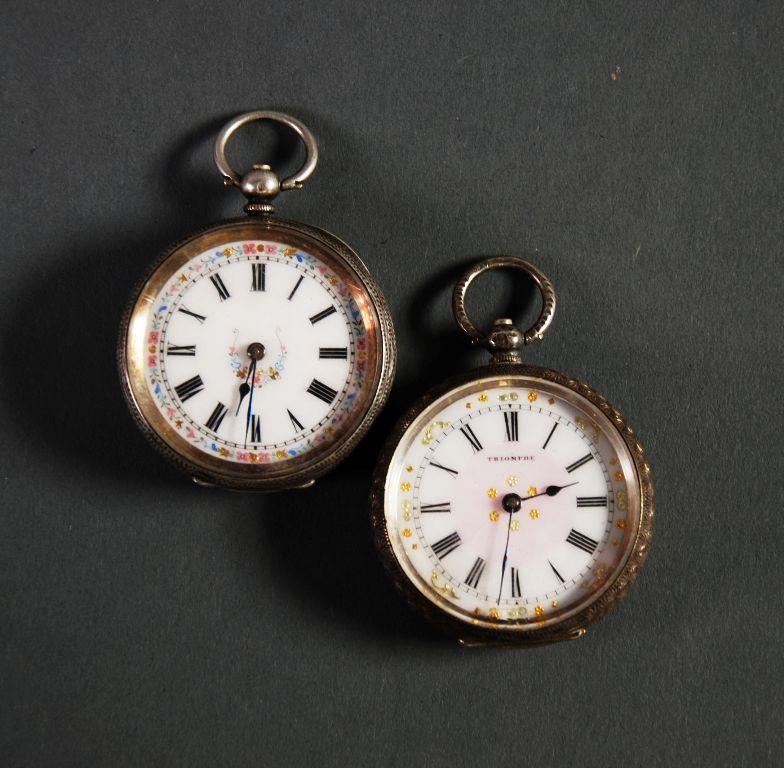 Appraisal: TRIOMPHE' LADY'S POCKET WATCH in Continental silver case decorated white