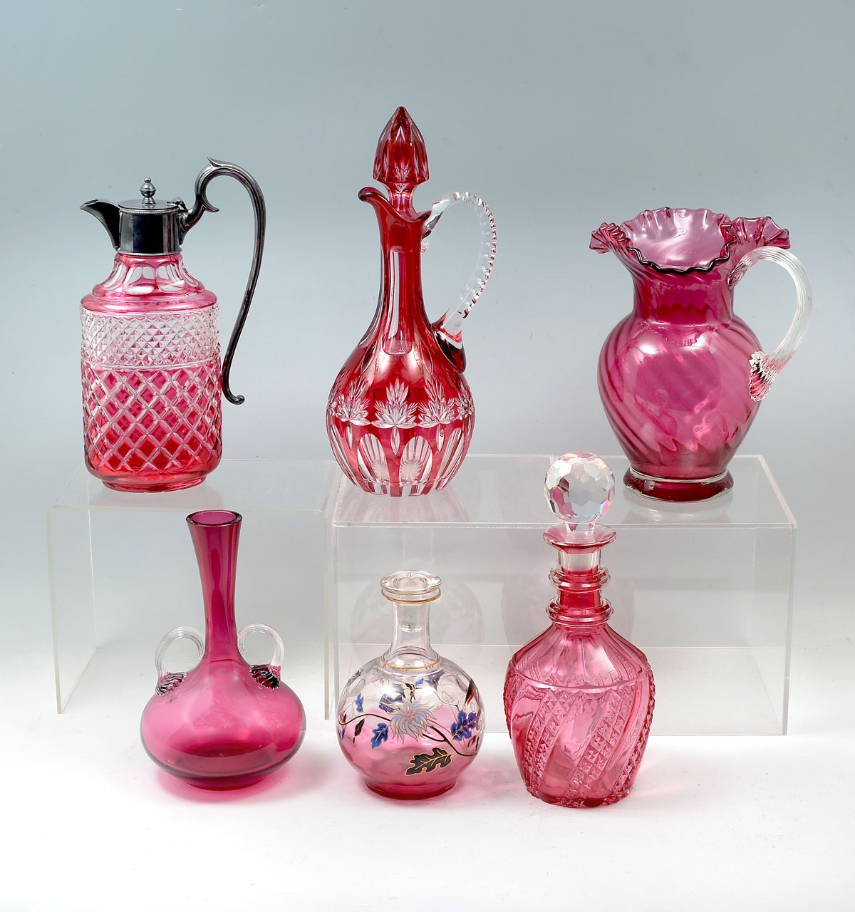 Appraisal: PIECE CRANBERRY GLASS CRYSTAL COLLECTION Comprising - Pitchers - Decanters