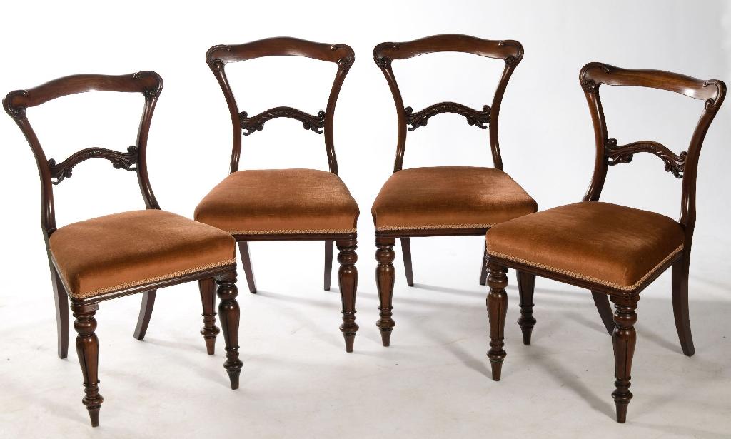 Appraisal: SET OF FOUR VICTORIAN MAHOGANY DINING CHAIRS each with scroll-carved