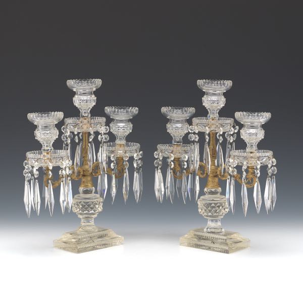 Appraisal: PAIR OF FRENCH GILT BRONZE AND CRYSTAL THREE-LIGHT CANDELABRA x