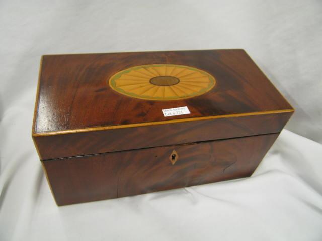 Appraisal: th Century Mahogany Tea Caddy Box oval inlaid top fancy