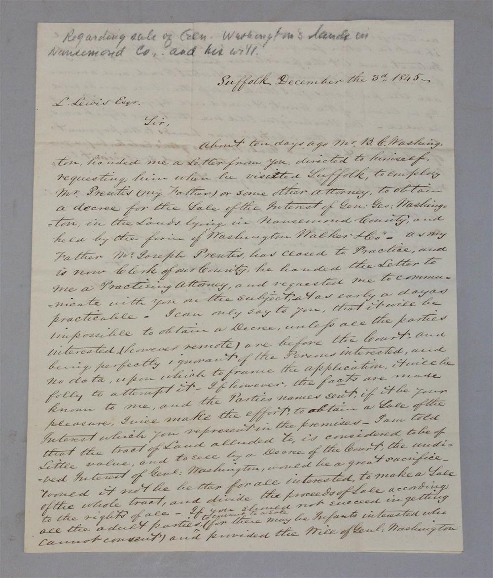 Appraisal: MANUSCRIPT LETTER FROM ROBERT P PRENTIS TO LORENZO LEWIS REGARDING