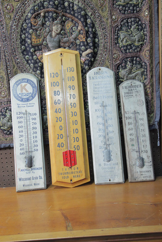 Appraisal: FOUR WOODEN ADVERTISING THERMOMETERS One for ''D Bernhard Co Sarsfield