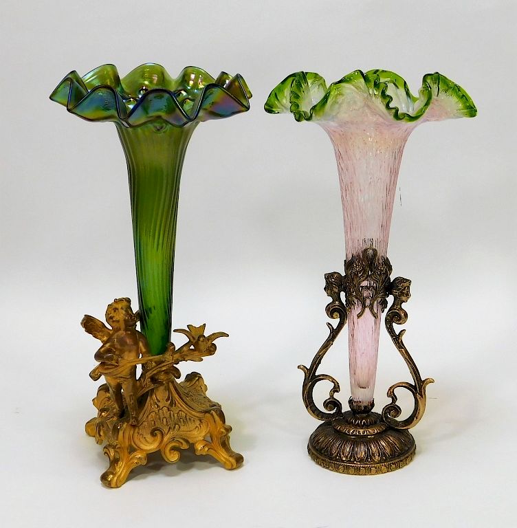 Appraisal: PR Bohemian Frilled Mounted Art Glass Vases PR Bohemian Frilled