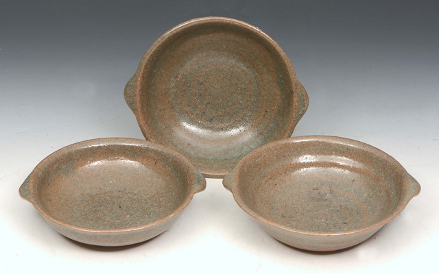 Appraisal: Katherine Pleydell-Bouverie British - Three strawberry dishes crackled celadon glazeimpressed