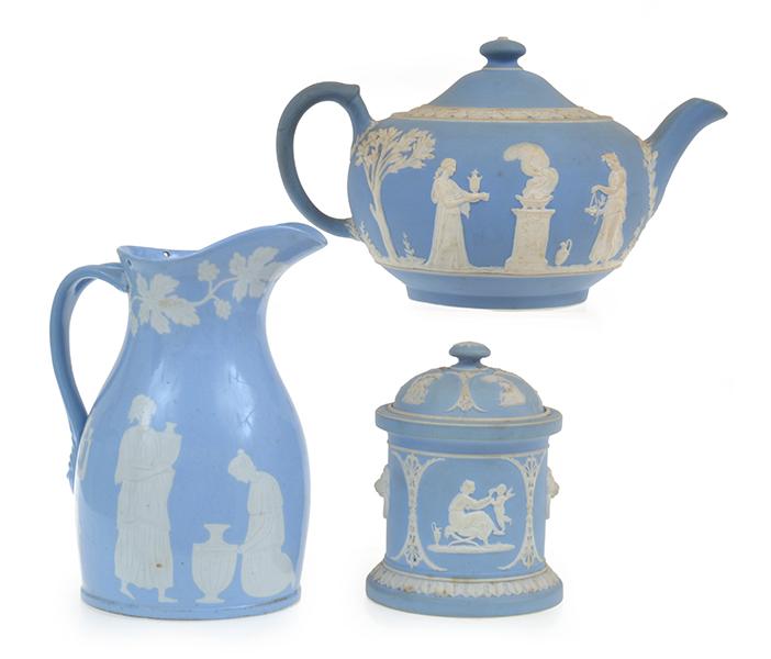 Appraisal: WEDGWOOD JASPER WARE TEAPOT LIDDED POT AND BOOTE BLUE AND