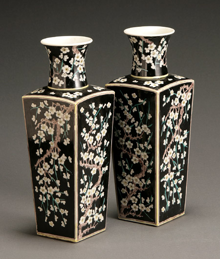 Appraisal: Pair of Chinese 'Famille Noir' Club-Form Vases th Century Each