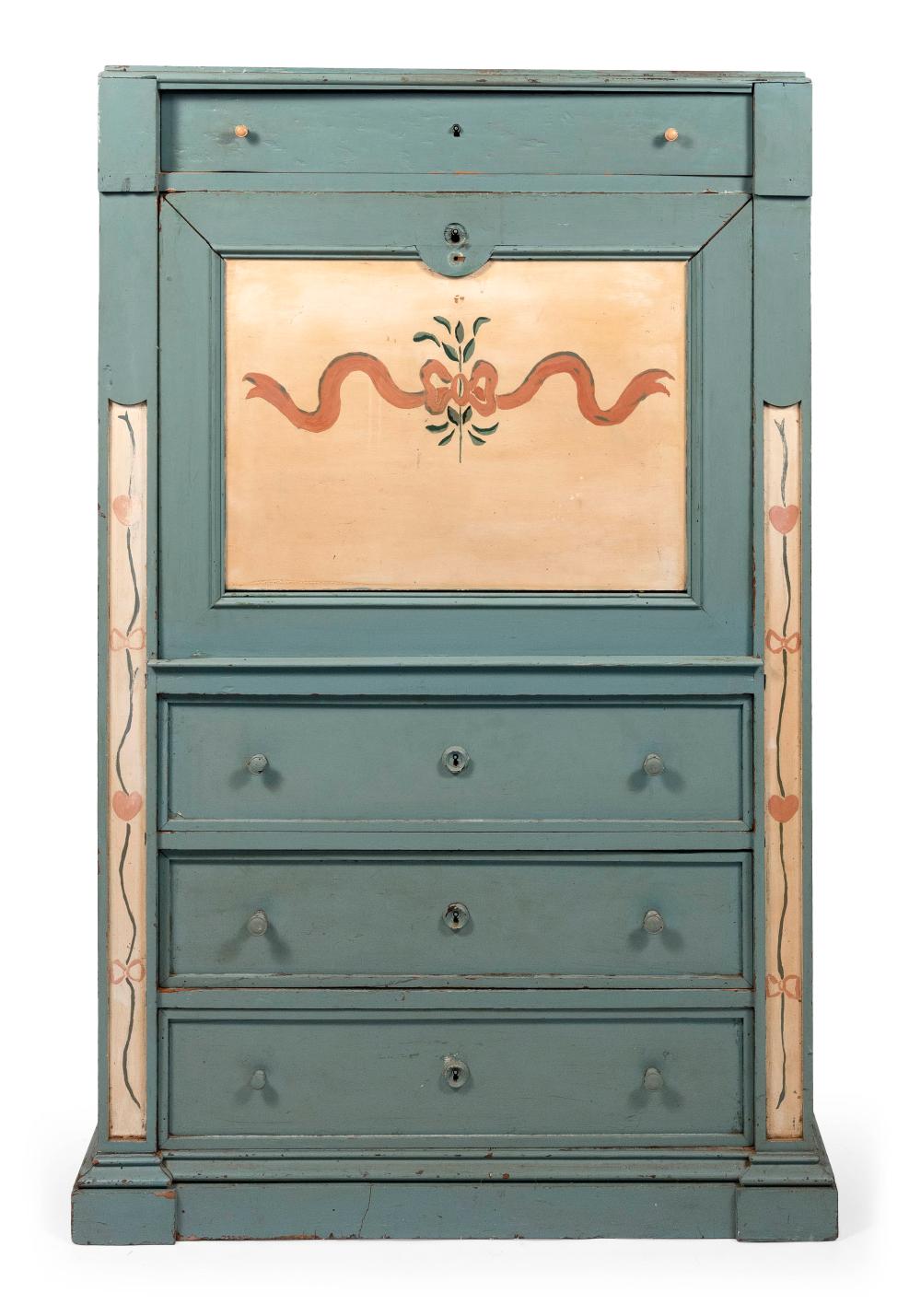 Appraisal: FALL-FRONT CABINET WITH PETER HUNT-STYLE PAINTED DECORATION TH CENTURY HEIGHT