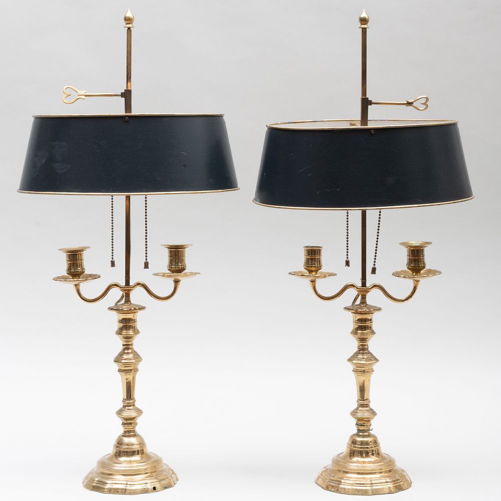 Appraisal: Pair of R gence Style Brass Two-Light Bouillotte Lamps with