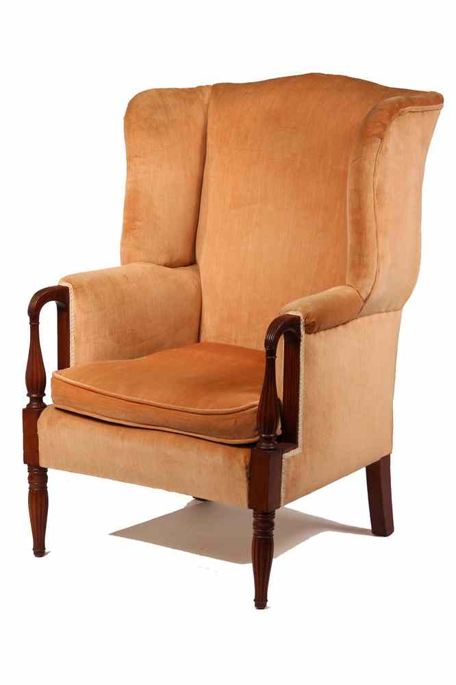 Appraisal: WINGCHAIR - Sheraton Period Upholstered Wingchair with Mahogany Frame with