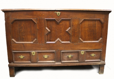 Appraisal: Georgian oak three paneled mule chest with two drawer underneath