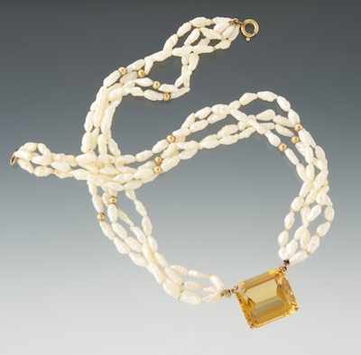 Appraisal: A Ladies' Citrine and River Pearl Torsade Necklace Four strand