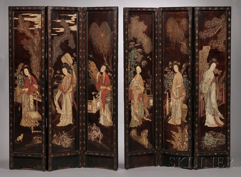 Appraisal: Coromandel Screen China th century carved and painted with women