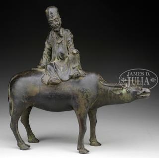 Appraisal: BRONZE STATUE OF AN ELDER ON WATER BUFFALO Qing Dynasty