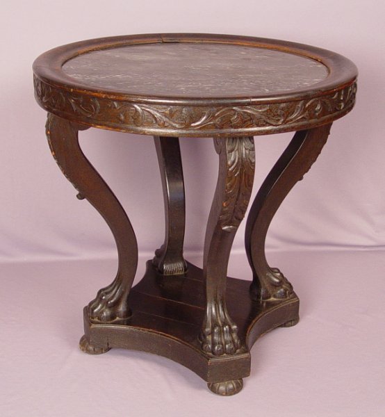 Appraisal: HORNER QUALITY CARVED OAK SIDE TABLE Recessed round marble top