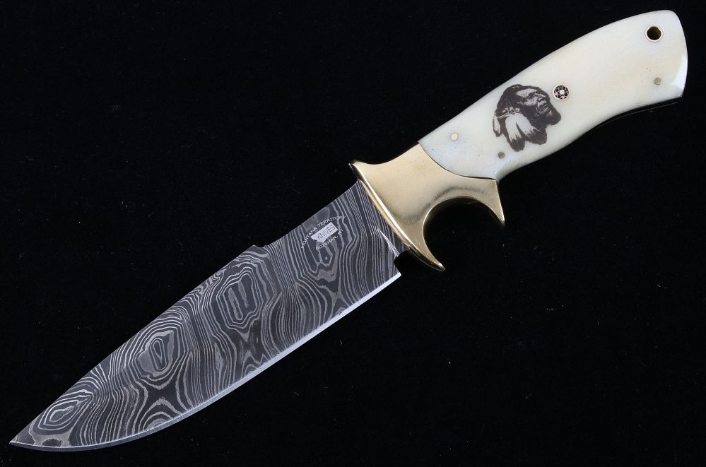 Appraisal: Montana Blackfeet Scrimshaw Damascus Knife Bozeman This is an original