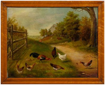 Appraisal: th century painting of chickens rooster and hens between fence