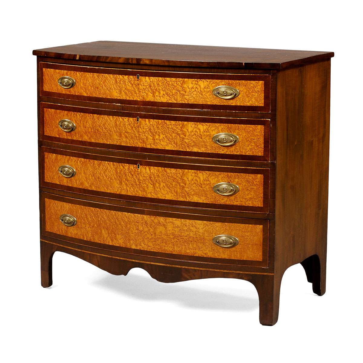 Appraisal: NEW HAMPSHIRE HEPPLEWHITE MAHOGANY AND TIGER MAPLE VENEERED BOW FRONT