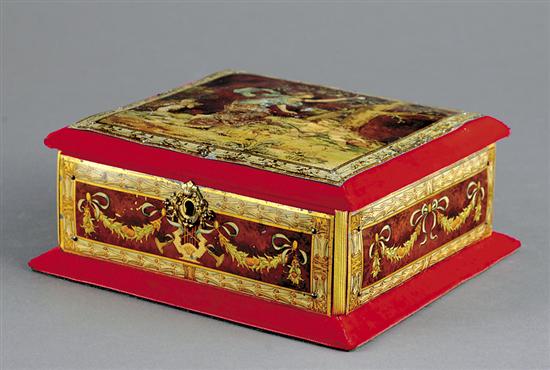 Appraisal: Continental faux marquetry jewelry box first half th centuryrectangular hinged