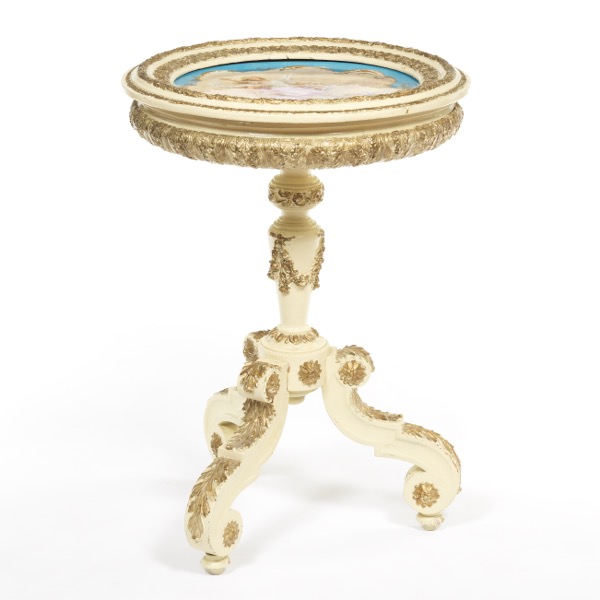 Appraisal: PORCELAIN TRAY TABLE x Gilt and painted wood tripod table