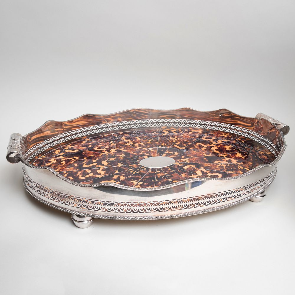 Appraisal: Silver Plate and Faux Tortoiseshell Galleried Tray in wide over